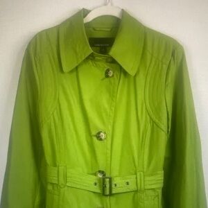 Jones New York Womens Trench Coat Belted Green Mid-Length Rain Jacket Size L